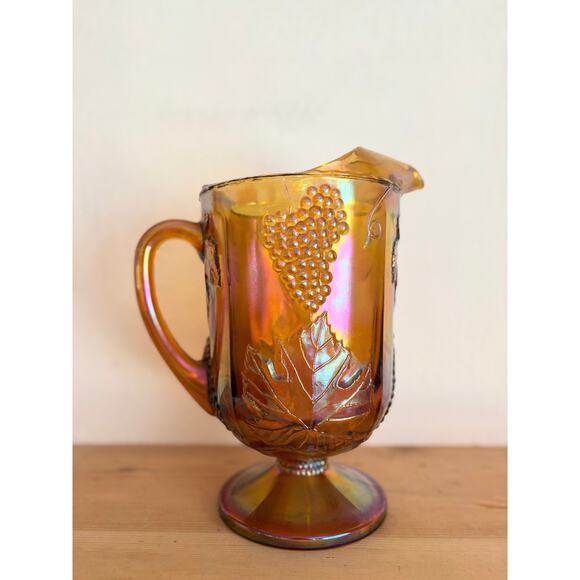 Vintage Marigold Carnival Glass Pitcher Grape Pattern Iridescent Amber MCM - Picture 1 of 9
